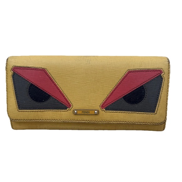 Fendi Yellow Leather Monster Eyes Red Black Bifold Long Continental Wallet - Picture 1 of 13